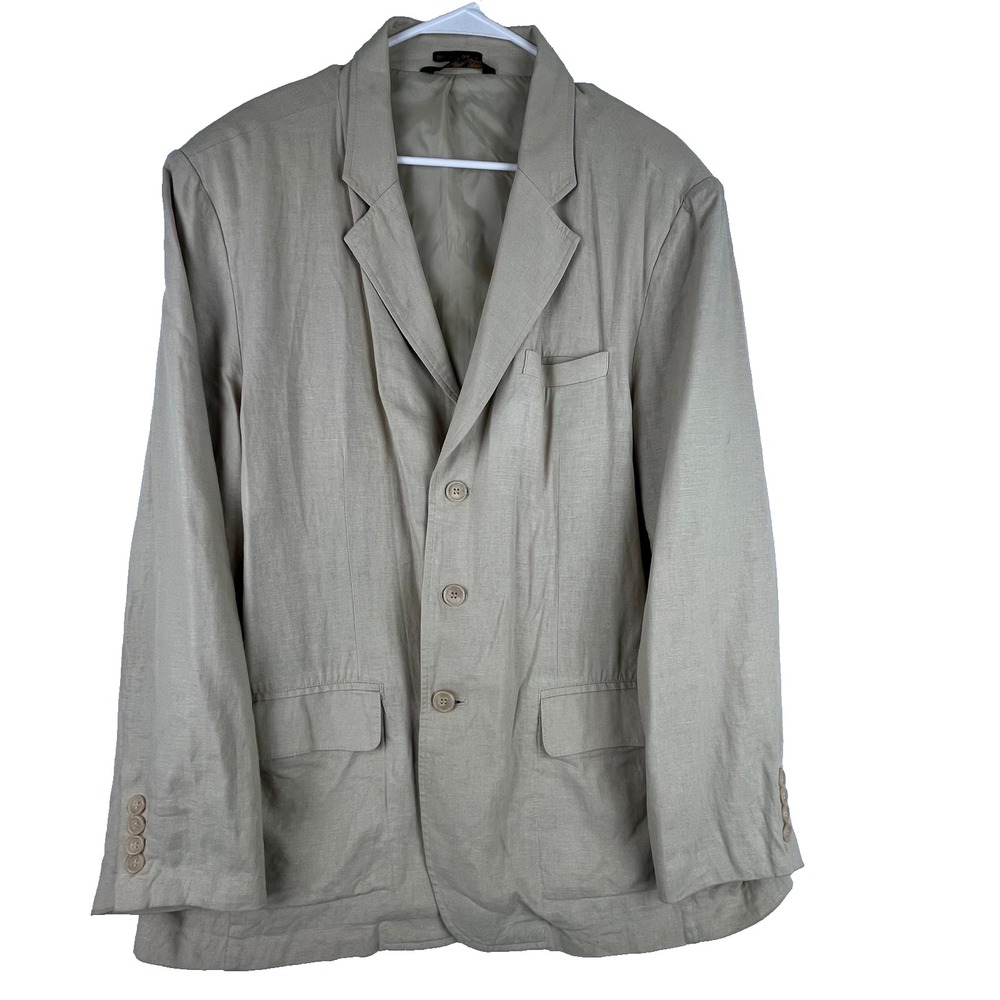 Andrew Fezza Blazer Sport Coat Mens Large (L) Tan Linen Rayon 3 Button Jacket